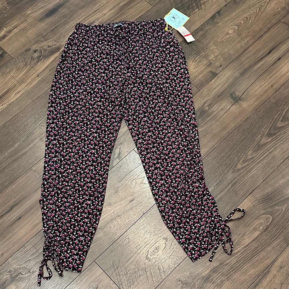 Cute Brand New Floral Black and Purple Drawstring Pants by CeCe in Size XS